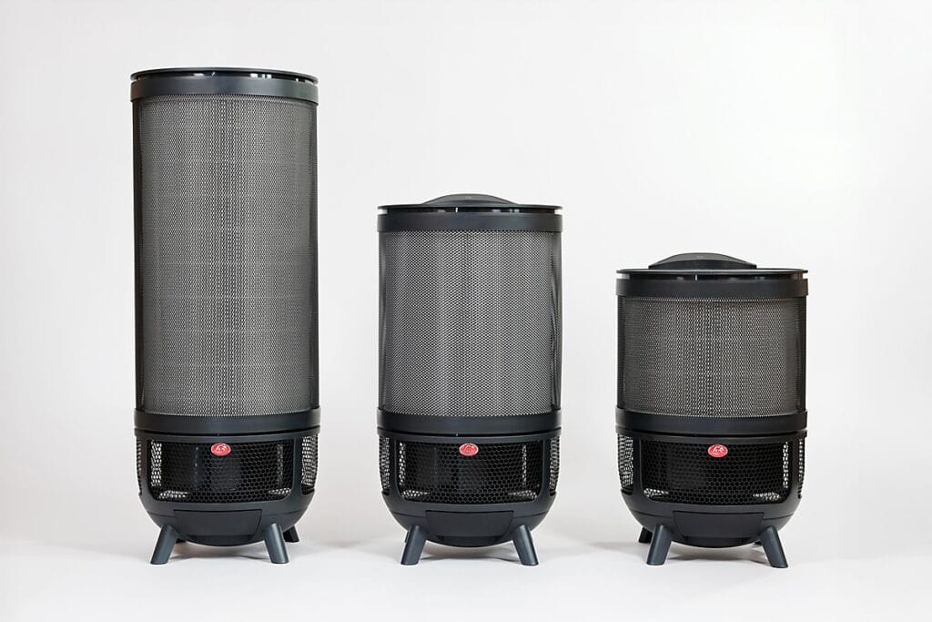 Aeroguard 360 PRO & Premium Three black, cylindrical Aeroguard 360 PRO & Premium air purifiers by Lux, each of varying height, stand side by side on a light grey background. They feature mesh bodies, vented bases, and display a striking red logo.