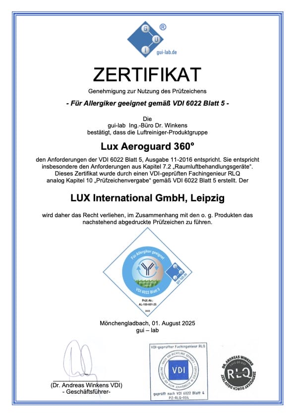 Aeroguard 360 PRO & Premium Certificate in German with blue accents, stating that Lux Aeroguard 360° is suitable for allergy sufferers per VDI 6022 standard. Issued to LUX International GmbH, Leipzig, signed and dated 1 August 2025.