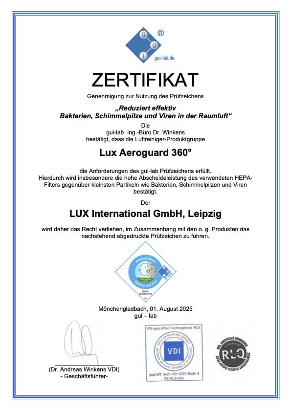 Aeroguard 360 PRO & Premium A certificate in German for Lux International GmbH, Leipzig, stating effectiveness in reducing bacteria, mould, and viruses in room air with the Lux Aeroguard 360°, dated 1 August 2025, with signatures and logos.