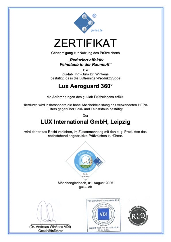 Aeroguard 360 PRO & Premium Certificate in German awarding Lux Aeroguard 360° for effective fine dust reduction in rooms, issued by gui-lab to LUX International GmbH, with official stamps, logos, and signatures on a white background.