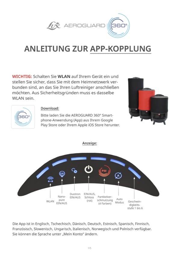 Aeroguard 360 PRO & Premium Instruction page for connecting the AEROGUARD 360&deg; air purifier app, featuring three air purifier models and a control panel diagram. Text provides Wi-Fi instructions and app download guidance.