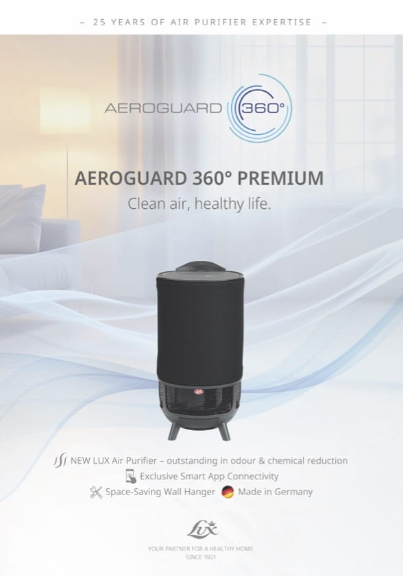 Aeroguard 360 PRO & Premium A black Aeroguard 360&deg; Premium air purifier stands in a bright, modern room with sheer curtains. Text highlights its clean air benefits, smart app connectivity, and German manufacturing.