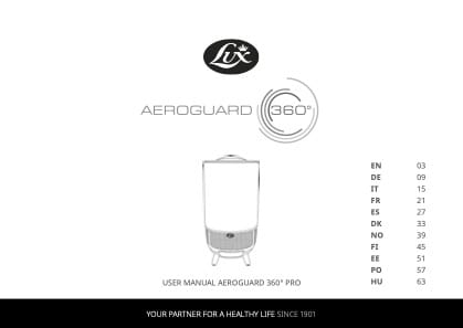 Aeroguard 360 PRO & Premium Front cover of a user manual for the Lux Aeroguard 360&deg; Pro air purifier. The image includes the Lux logo, a picture of the device, and a table of contents with page numbers in several languages.