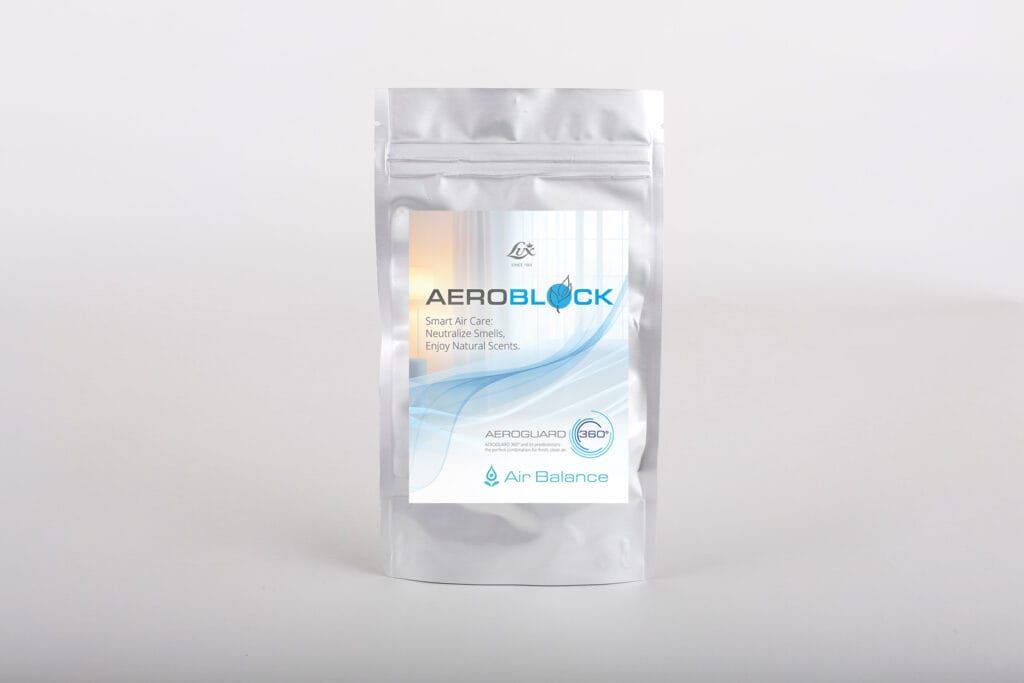 Aeroguard 360 PRO & Premium A silver, resealable pouch labelled AEROBLOCK with text about air care and neutralising smells. The package features blue and white design elements and the Air Balance brand logo, standing upright on a plain background.